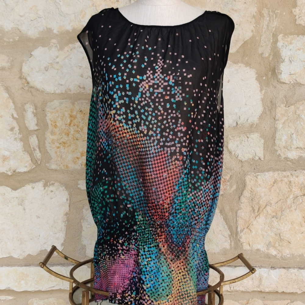 Flounce-Sleeveless Multi-Colored Sheer Blouse